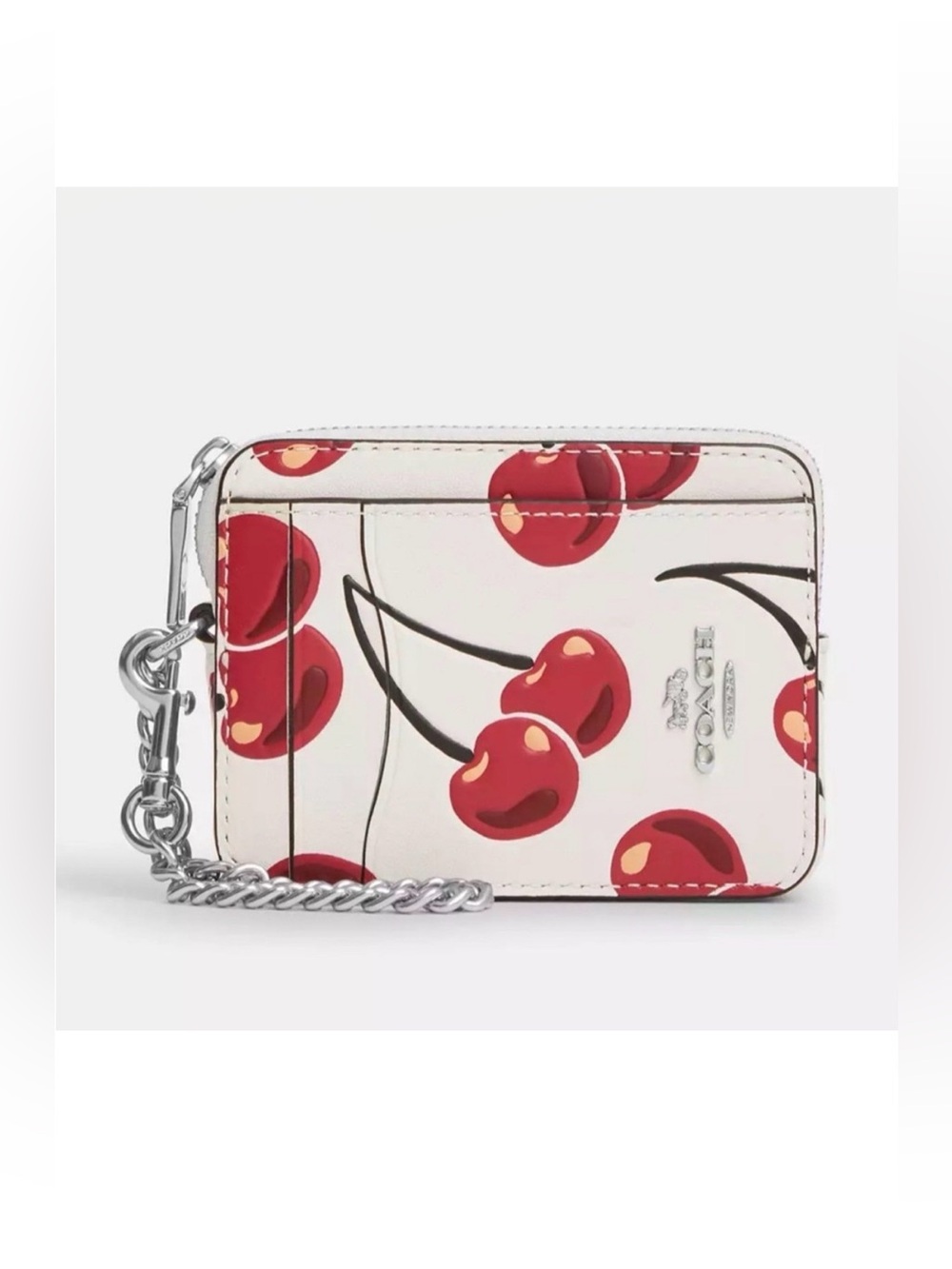 ❤️❤️❤️Coach Cherry Print Card Case with Silver Chain - White/Red❤️❤️❤️